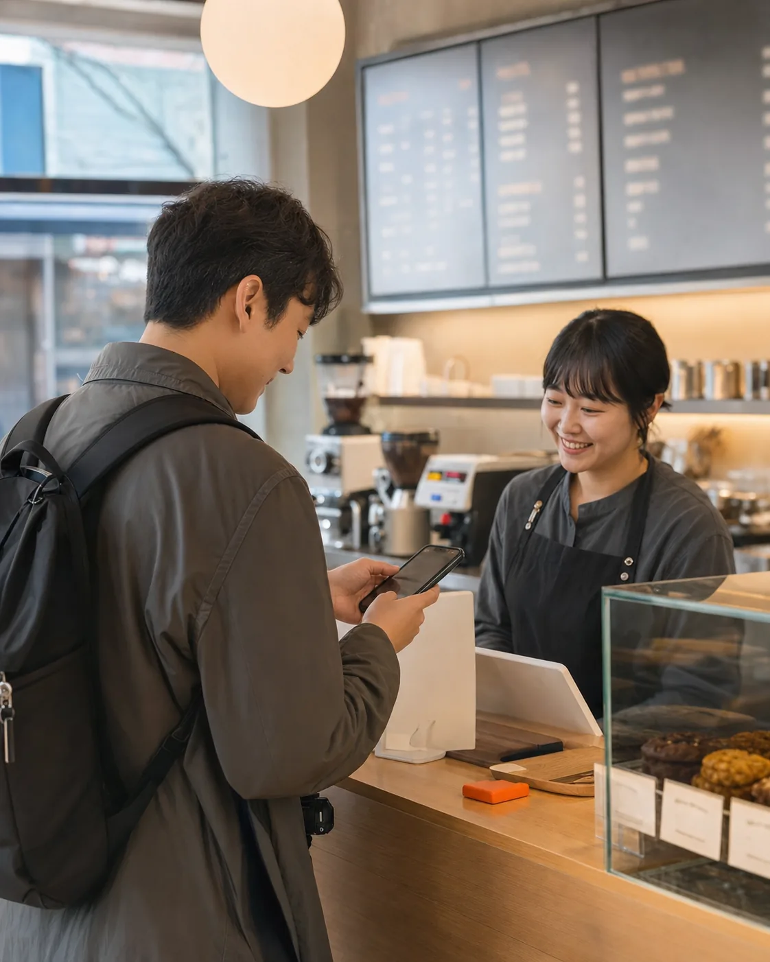 旅行者在首尔咖啡店使用手机与店员沟通
